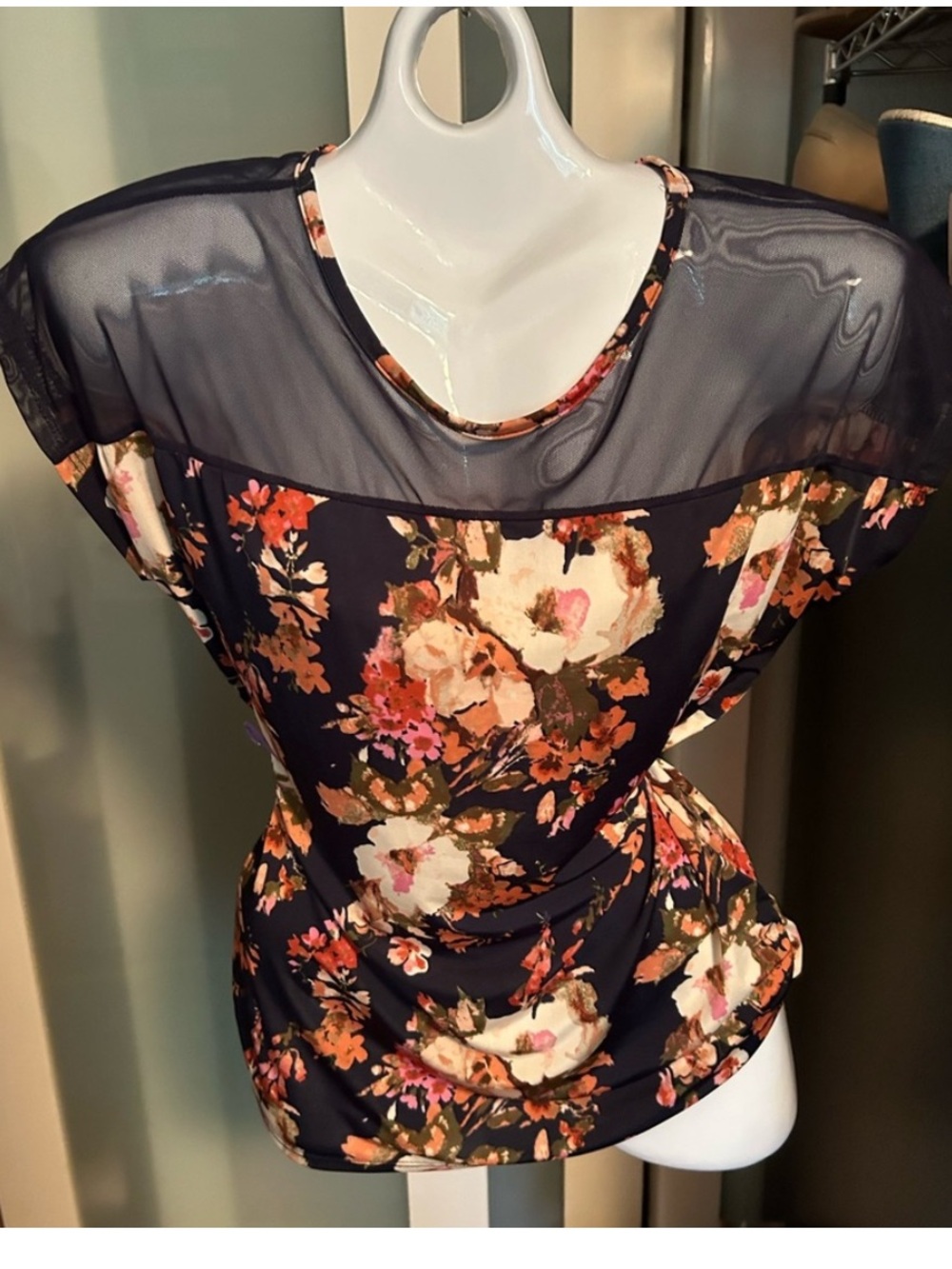 BOGO Annabelle Blue Floral Print Top with Sheer Yoke